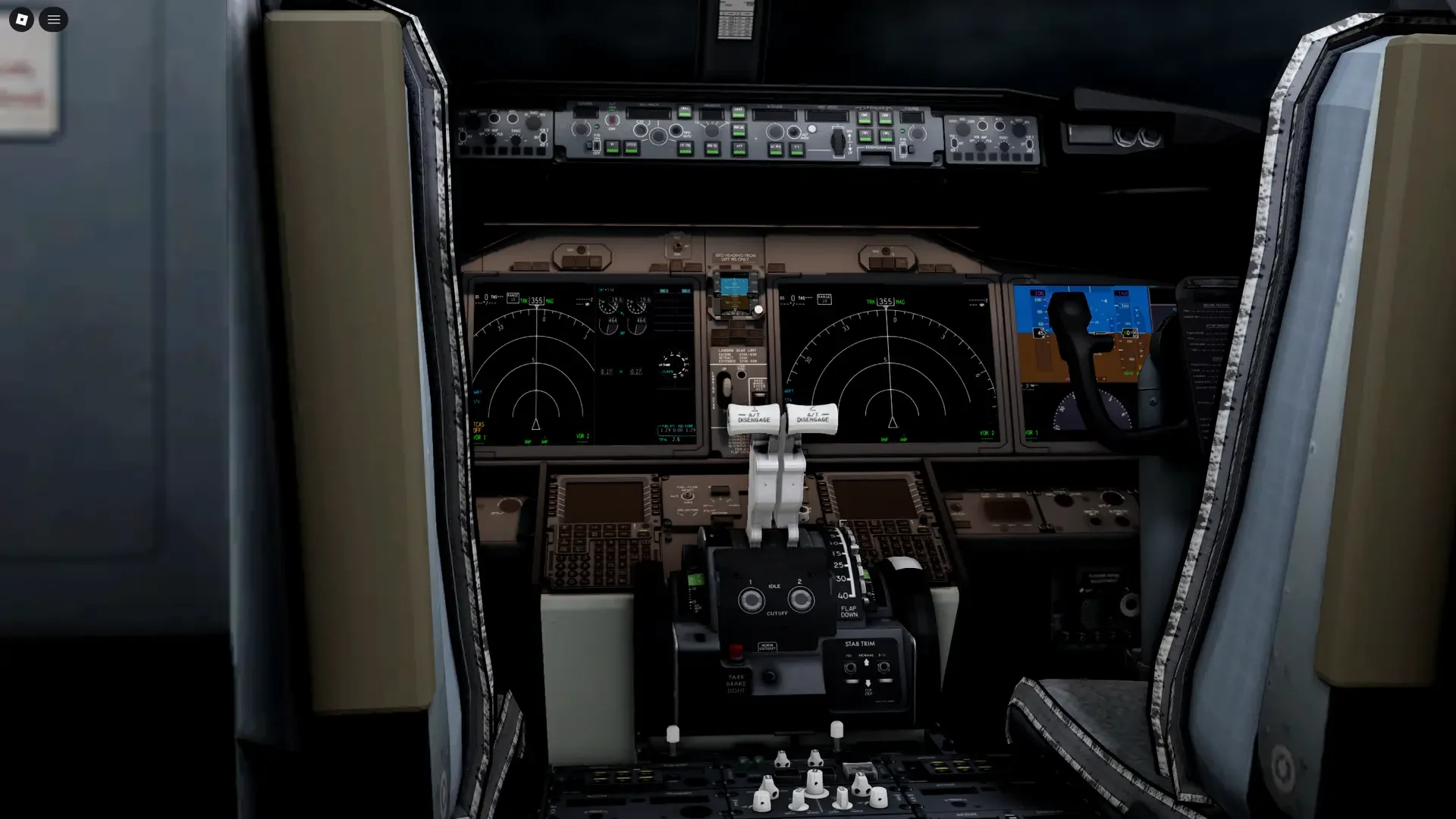 The flight deck and controls of a Corendon Airlines Roblox aircraft