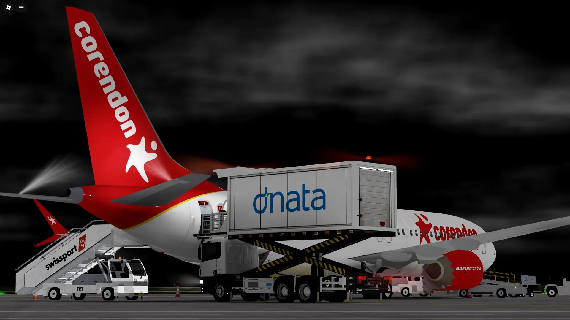 Corendon aircraft with catering and ground support vehicles